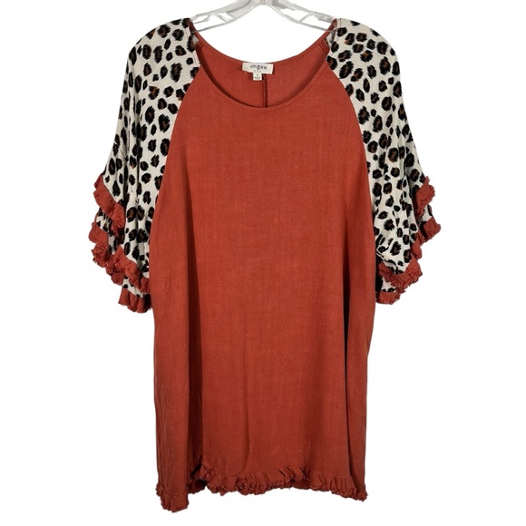 Umgee Tops - Umgee Boutique Orange Leopard Animal Print Ruffle Sleeve Relaxed Fit Top Small S